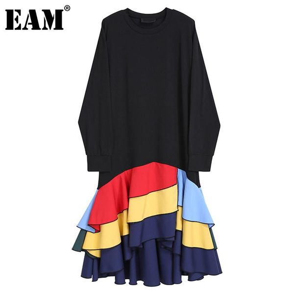 

casual dresses [eam] women irregular colorful ruffles long dress round neck sleeve loose fit fashion tide spring autumn 2021 1dd4070, Black;gray