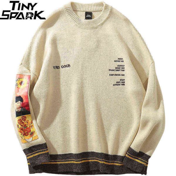 

men's sweater 2022 men hip hop sweater pullover streetwear van gogh painting embroidery knitted sweater retro vintage autumn sweaters c, White;black