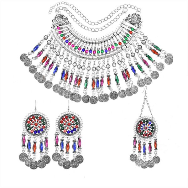 

turkish jewelry sets for women boho crystal necklace earring hair clips coin tassel bridal wedding party indian afghan tribal h1022, Silver