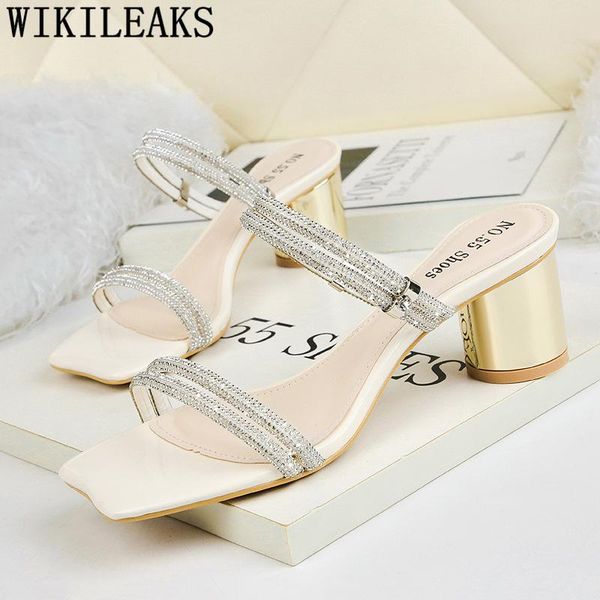 

rhinestone slides thick heels woman slippers summer sandals fashion white ladies shoes designer, Black