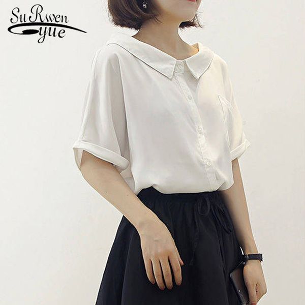 

blusas summer korean style doll collar hipster shirt loose slim fit short sleeve chiffon blouse women fashion 8918 50 210427, White