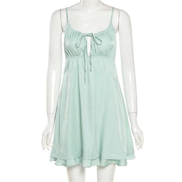 

casual dresses summer lace up ruffles short 90s fashion drawstring streetwear backless strapled milk maid dress green a line 2021, Black;gray