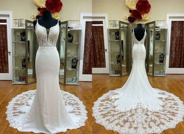 

deep v neck mermaid wedding dresses gown with spaghetti straps lace applique court train reception party bridal gowns, White