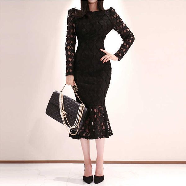 

dress autumn and winter ladies fashion temperament women's dress slim slimming bag hip lace fishtail 210603, Black;gray