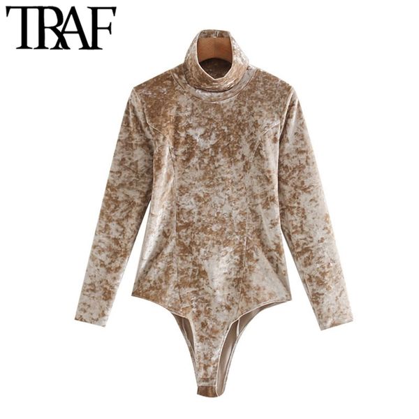

women fashion high neck velvet bodysuits vintage long sleeve snap-button female playsuits chic 210507, Black;white
