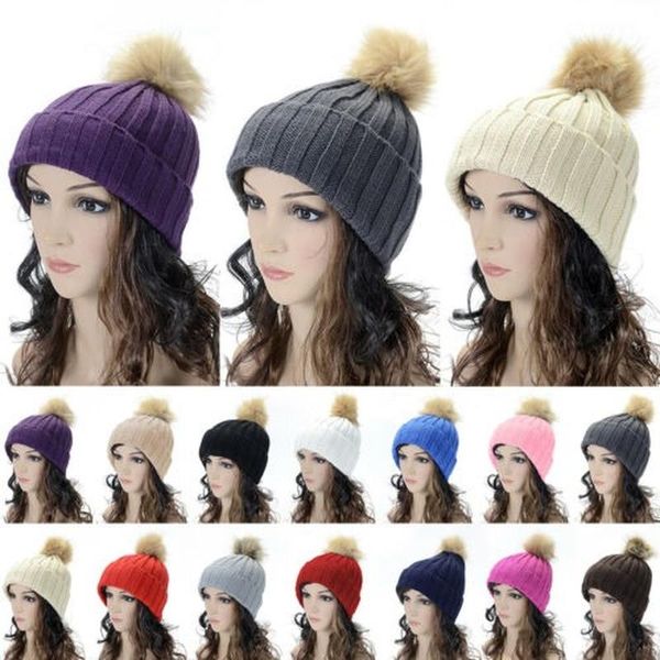

beanies women winter warm knitted pom beanie hat crochet casual wool skull ski cap