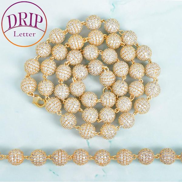 

earrings & necklace 10mm solid round bead choker gold color bling full cubic zircon hip hop link men's rock street jewelry, Silver