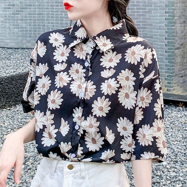

summer blouse women blusas mujer de moda short sleeve blouse shirt turn down collar print chiffon blouse women shirts d151 210426, White
