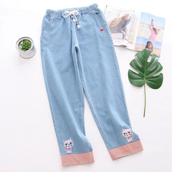 

women's jeans 2021 autumn japanese harajuku kawaii wild loose high waist cat embroidery women small fresh mori girl pants korean, Blue