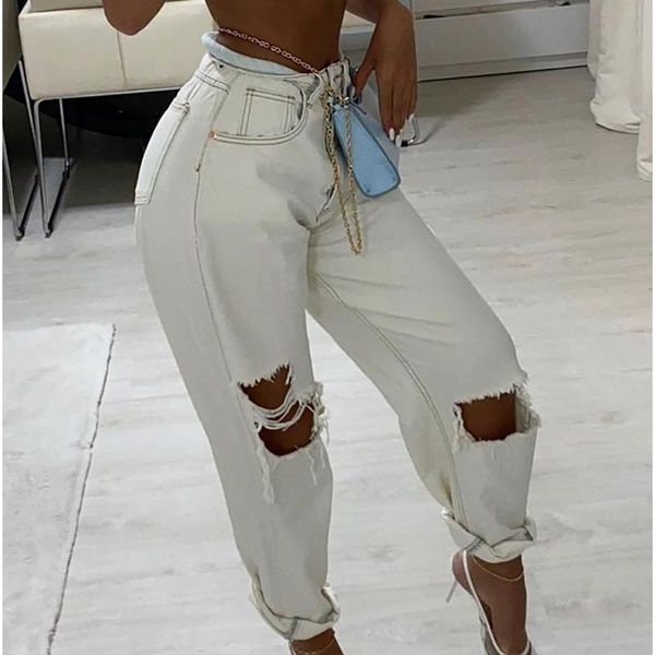 

women's jeans wepbel skinny denim pants summer ripped pencil white hole women high waist washed streetwear trousers, Blue