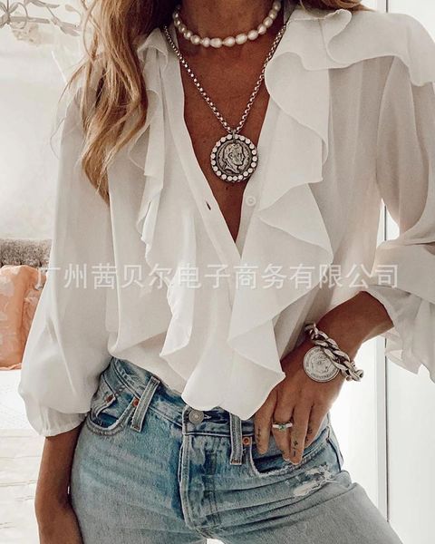 

women's blouses & shirts 2021 white long-sleeved ruffled top