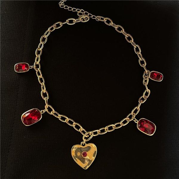 

pendant necklaces high street transparent shiny red crystal metal love heart necklace for women gold color chunky chain jewelry, Silver