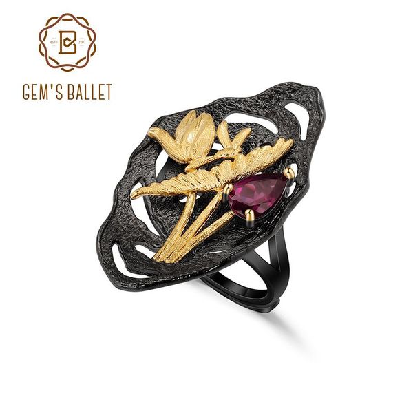 

cluster rings gem's ballet 925 sterling silver handmade golden dragonfly lotus ring nature rhodolite garnet adjustable cocktail for wom, Golden;silver