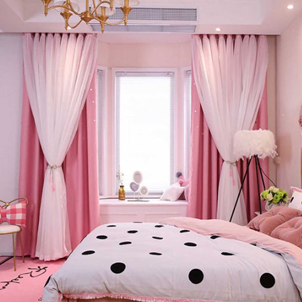 Coreano Duplo Rosa Princesa Cortinas Para Sala de estar Hollow Stars Cortina Rendas para Quarto Sombra Cortina Tulle Pano Sood Fornecimento 210712