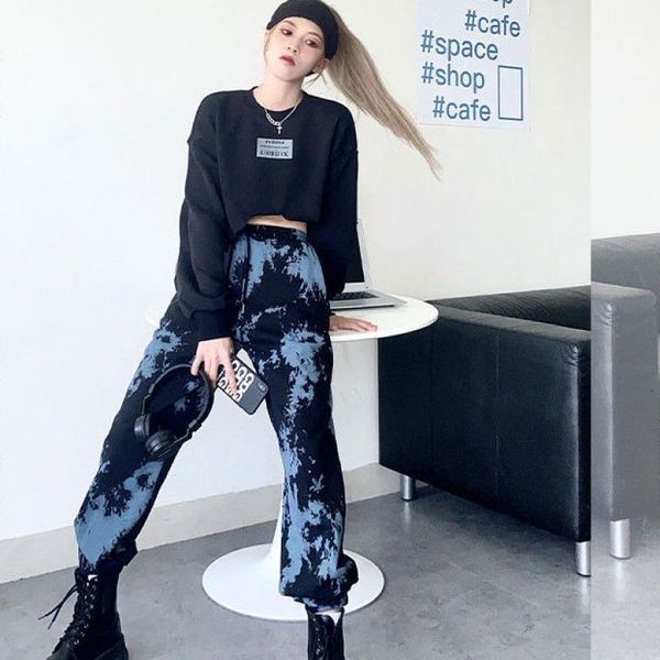 

women's pants & capris woman summer thin tie-dye cool loose wide-leg trousers high waist all-match female fashion casual oversize, Black;white