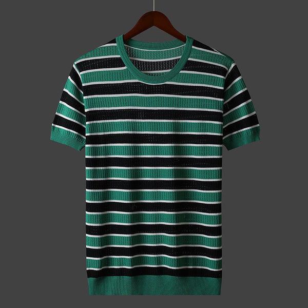 

men's t-shirts 2022 summer men t-shirt thin ice silk knitted sweater short sleeves striped pullover t shirt slim fit tees b106, White;black