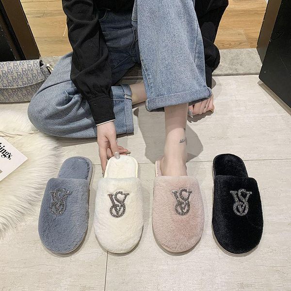 

slippers winter women's plush fashion casual all-match flat-bottom non-slip bedroom soft-bottom outer wear, Black