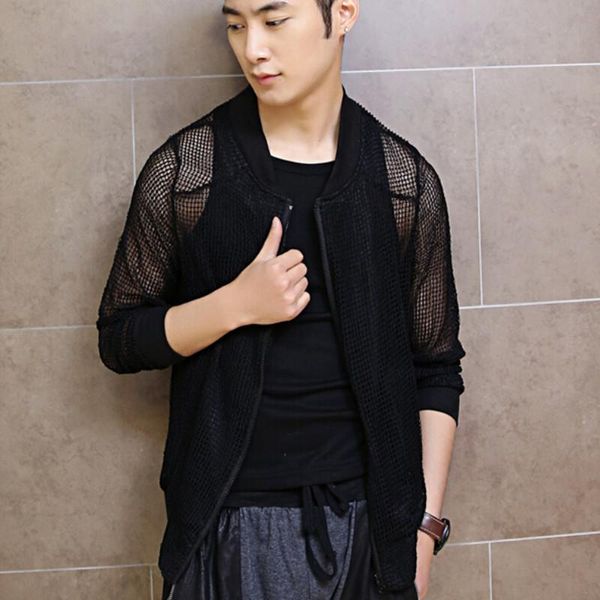 

men's jackets men fashion mesh hollow out jacket nightclub punk hiphop stage costume mens summer casual rashguard coat jaqueta masculin, Black;brown