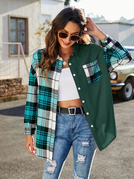 

plaid print colorblock button front blouse n7no#, White