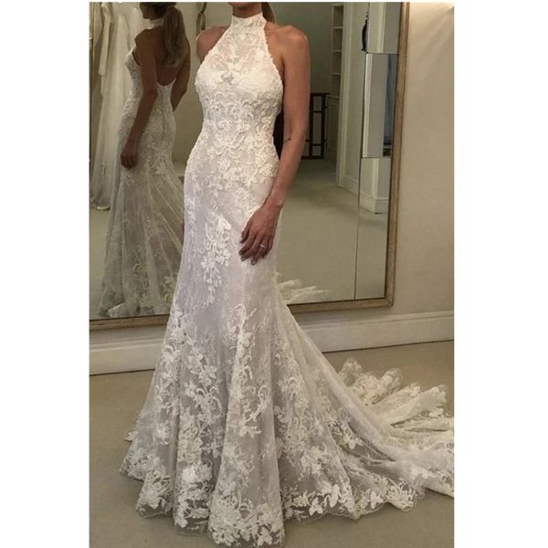 

2020 off shoulder mermaid long wedding dresses sleeveless tulle applique halter train custom made bridal gowns, White