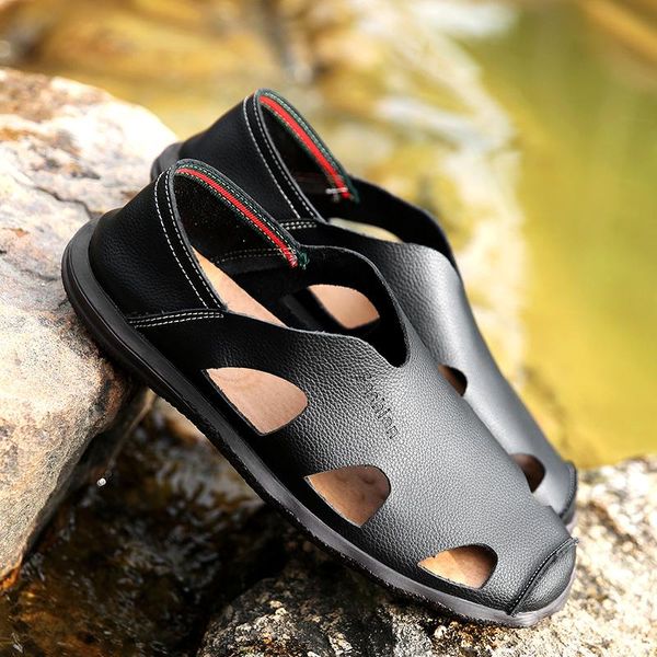 

sandals mens outdoor 2021 summer handmade leather men shoes breathable casual footwear walking sandalhas masculina, Black