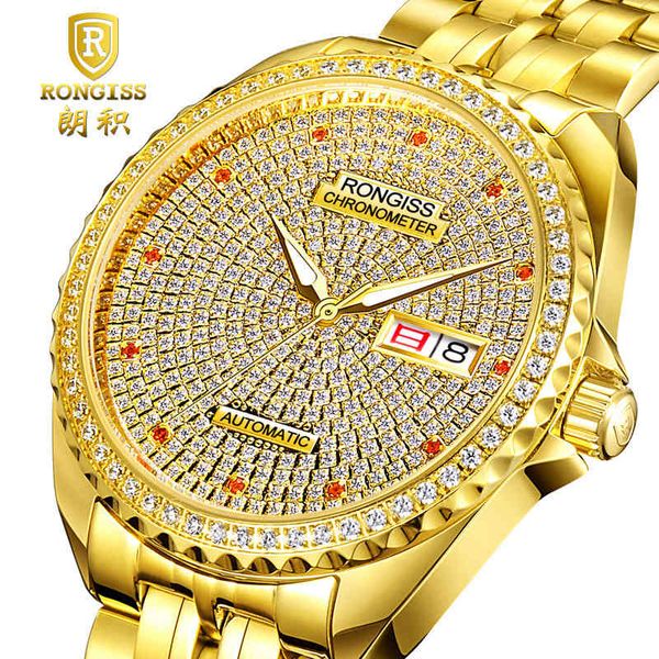 

wrist watch swiss movement luminous double calendar full diamond men's waterproof steel band fully automatic mechanical, Slivery;brown