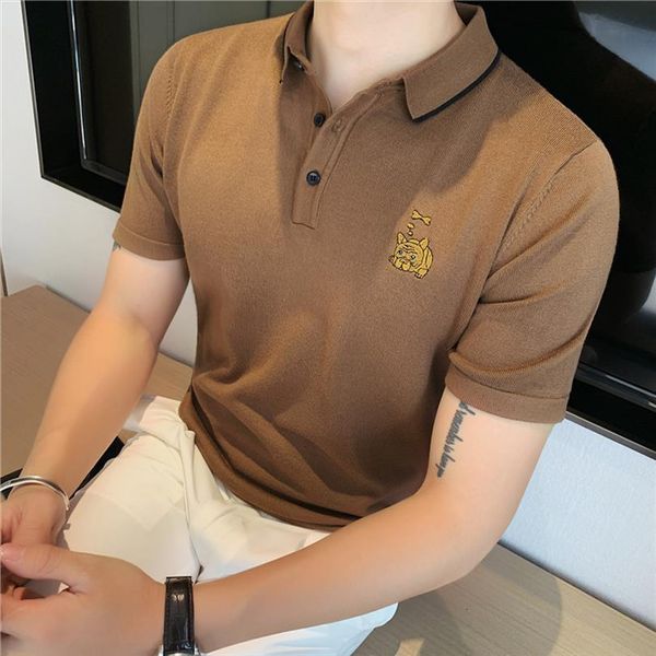 

british style spring summer animal men polo embroidery short sleeve knitted shirt slim fit casual stretched homme 3xl m, White;black