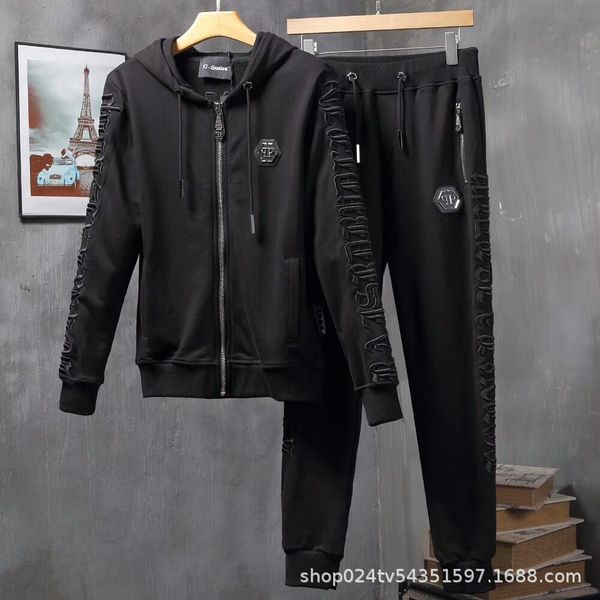

fashion brand philippe brand men's hooded sports leisure suit zipper embroidery skull fashion brand pp suit for men, Gray