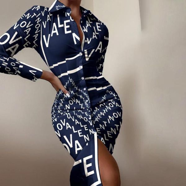 

casual dresses fashion autumn 2021 shirt dress print long sleeve turn-down collar button slim for women robe femme, Black;gray