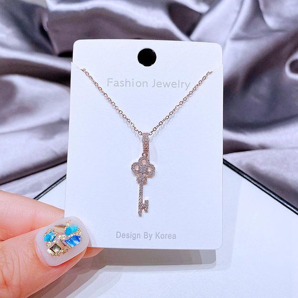 

pendant necklaces migga trendy cubic zircon crystal key necklace for women rose gold color clavicle chain jewelry, Silver
