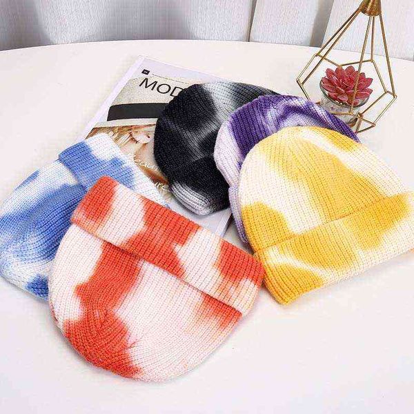 

new year tie dye beanies hats for women wool knitted winter warm caps for men hip hop cap outdoor bonnet hat gorras hombre 2021 y21111, Blue;gray