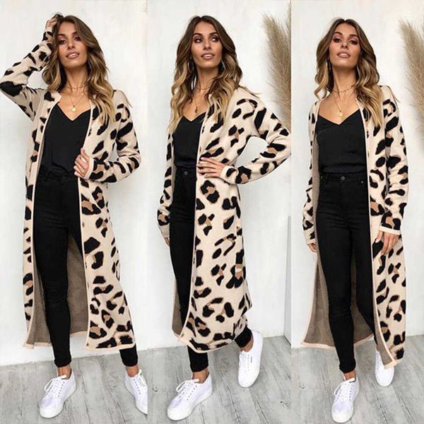 

women leopard knitted long cardigan long sleeve sweater overcoat for female women autumn outwear coats women autumn 210527, White;black