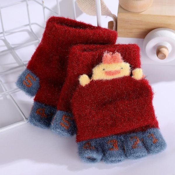 

five fingers gloves winter children' glove cute little yellow duck female student knitted plush warm half finger flip fashion glovess, Blue;gray