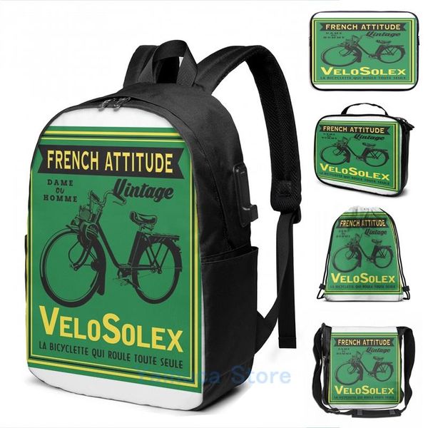 

backpack funny graphic print french attitude velo solex usb charge men school bags women bag travel laptop