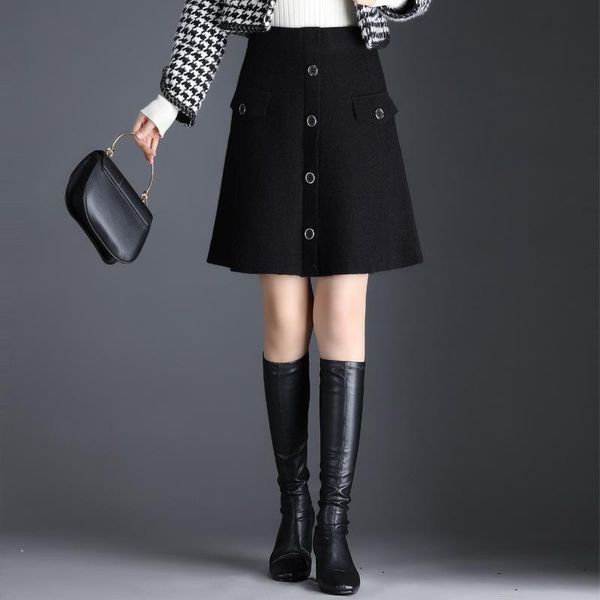 

skirts autumn winter women fashion high waist button slim casual a-line bodycon skirt female elegant vintage knitted mini jy17, Black