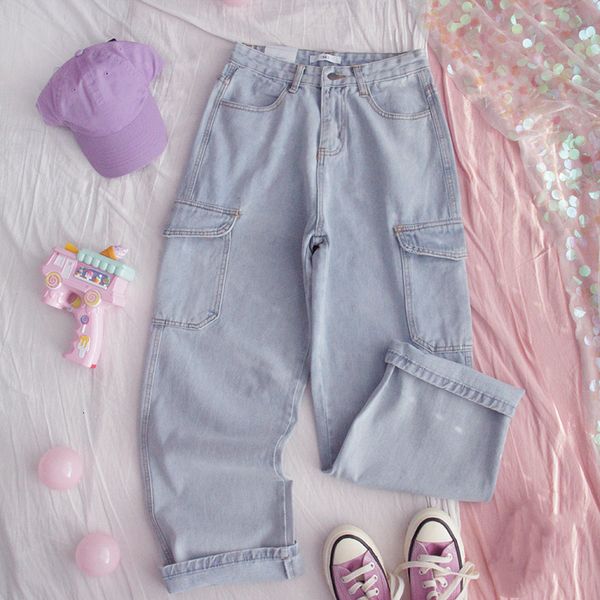 

harajuku denim cargo pants women vintage streetwear blue wide leg trousers korean high waist female fashion casual loose jeans, Black;white