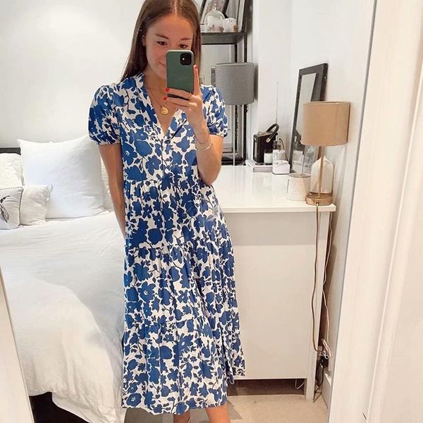

casual dresses xeasy women 2021 vintage v neck blue floral print pleats midi shirt dress single breasted short sleeve vestidos mujer, Black;gray