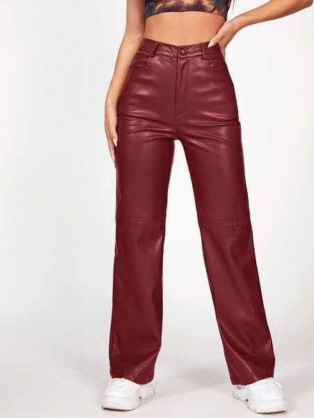 

petite solid pu leather straight leg pants t8wb#, Black;white