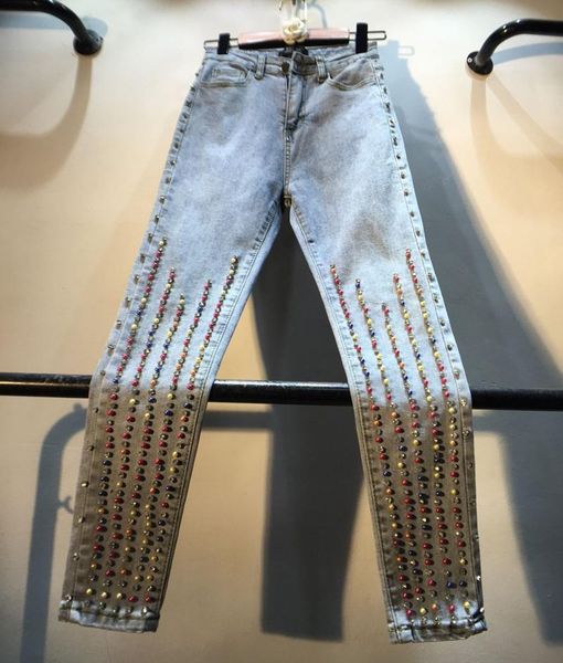 

women's jeans women european style industrial color beads high waist slim fit elasticity skinny denim pants ladies pencil pant, Blue