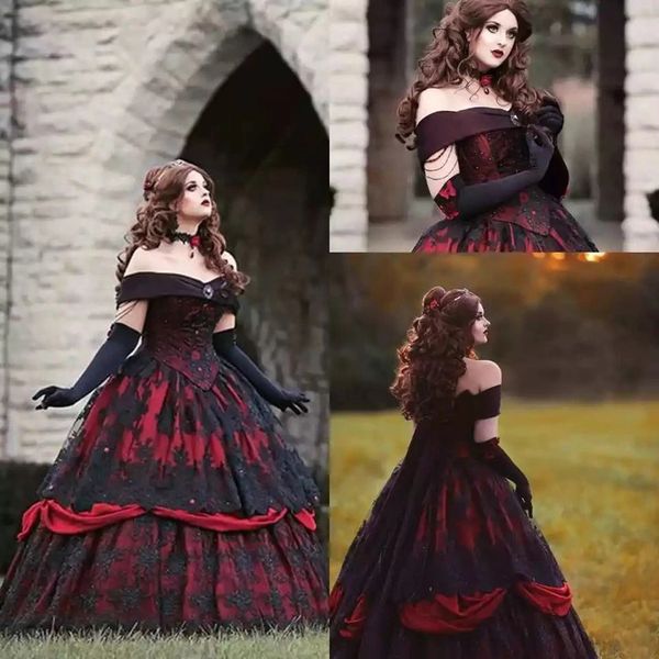 Gothic Belle Rot Schwarz Fantasy A-Linie Brautkleider Spitze Applikation Freiliegendes Knochenkorsett Perlen viktorianische Maskerade Schulterfreies Brautkleid Vestidos AL9054