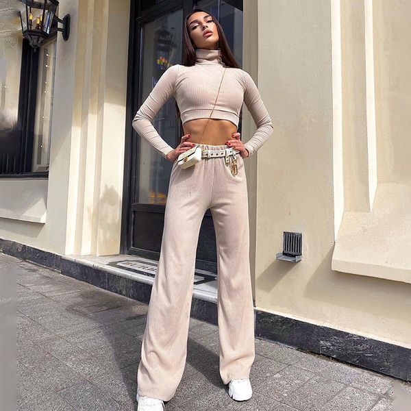 

solid color cotton turtleneck crop tshirts and wide leg pants winter clothes women two piece outfits casual tracksuits 19zf, Gray