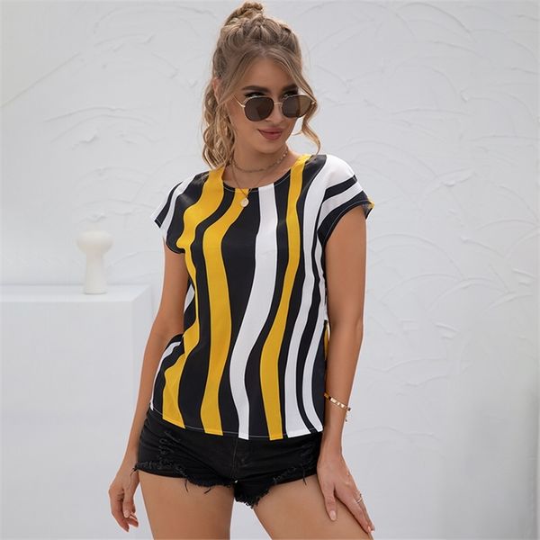 Estate Donna Casual T Shirt O Collo Contrasto Colore Stripe Patchwork Sexy Backless Straight Top Ladies Streetwear Tee Shirts 210603