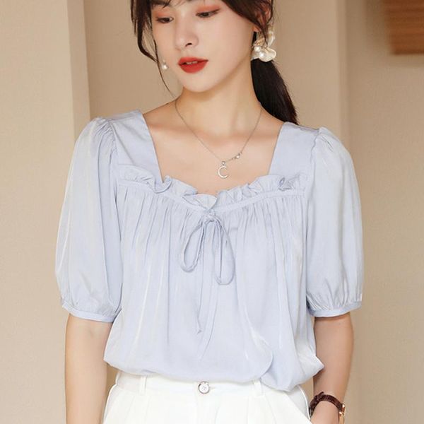 

women's blouses & shirts summer korean blusas mujer de moda 2021 style short sleeve square collar stitching women shirt white pink blue