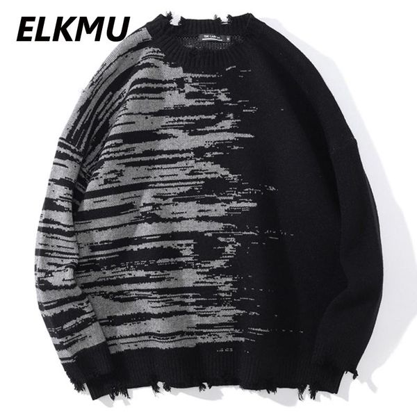 

men's sweaters elkmu streetwear vintage stripe damage knitted mens autumn knitwear jumper sweater oversize male black hm478, White;black