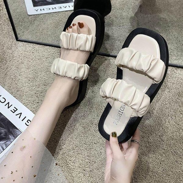 

slippers 2021 summer square toe women's ladies pu leather wateproof shallow shoes female flats flatform fashion sandals, Black