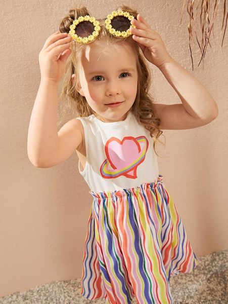 

toddler girls heart and striped print paperbag waist combo dress she, Red;yellow