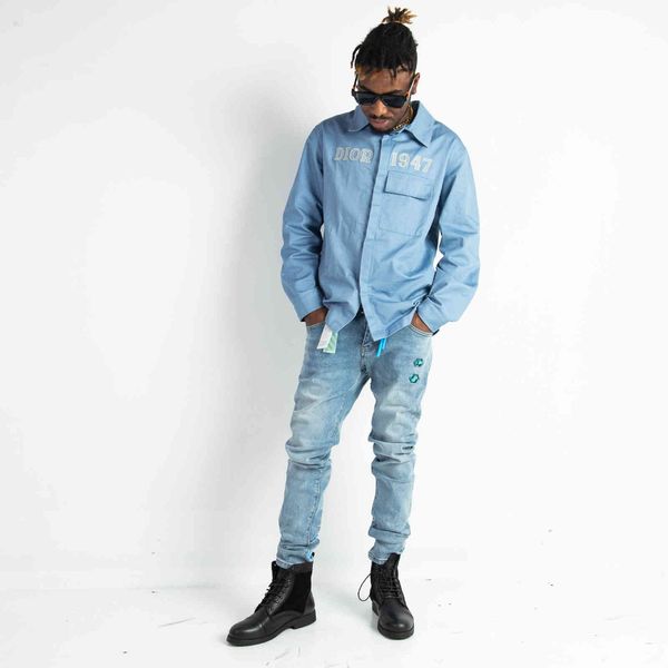 

20ss high street off black white belt decoration wash jeans men