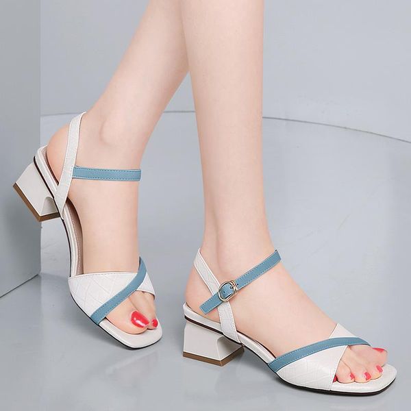 

slippers summer mid-heel fairy style word buckle all-match open-toed roman shoes, Black