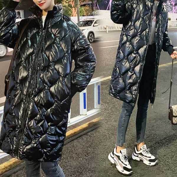 

women's jackets glossy down padded mid-length small stand-up collar cotton winter warmth loose color r9o9, Black;brown