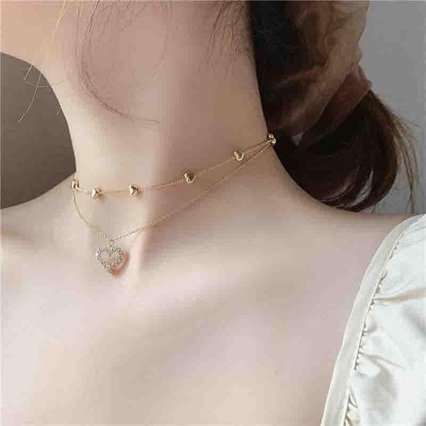

chokers double layer chain heart choker necklace for women gold korean style collar female chocker fashion aesthetic jewelry, Golden;silver